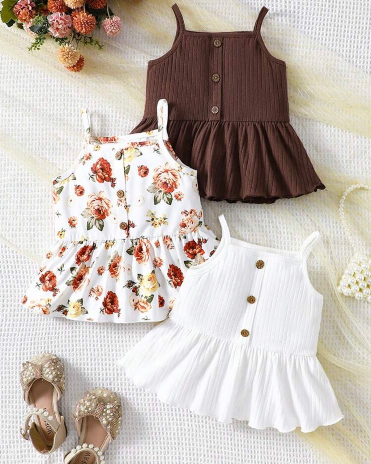 3PCS Girls Ruffle Trim Camisole Tops Set