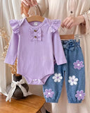 2pcs Purple Baby Girl Flutter Sleeve Bodysuit & 3D Floral Pants