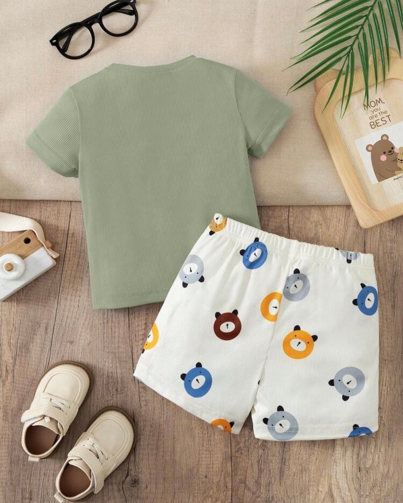 Baby Boy Bear Green Ribbed Summer Set