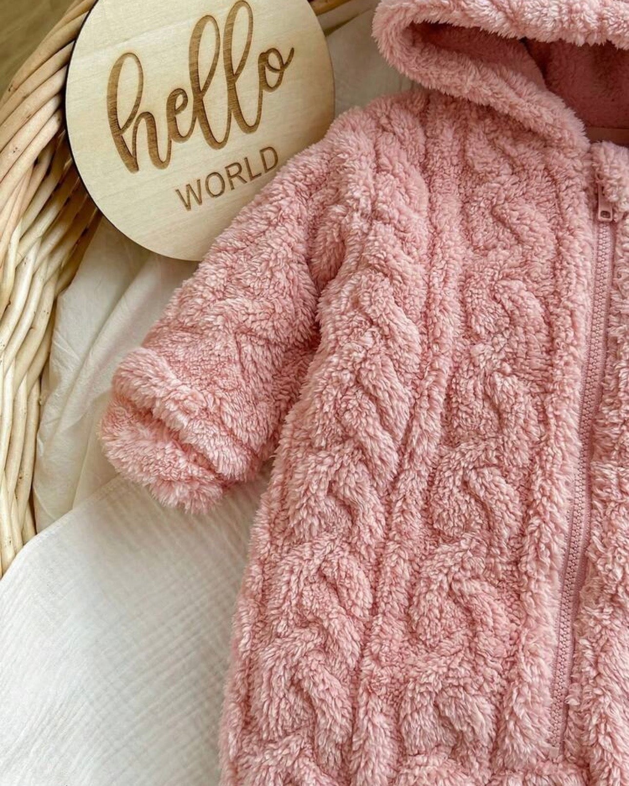 Baby Girl Winter 3D Pink Fluffy Heart Pattern Zipper Hooded Romper