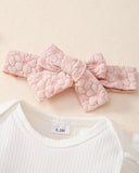 3PCS Baby Girl White Bodysuit, Pink Suspender Dress & Headband Set