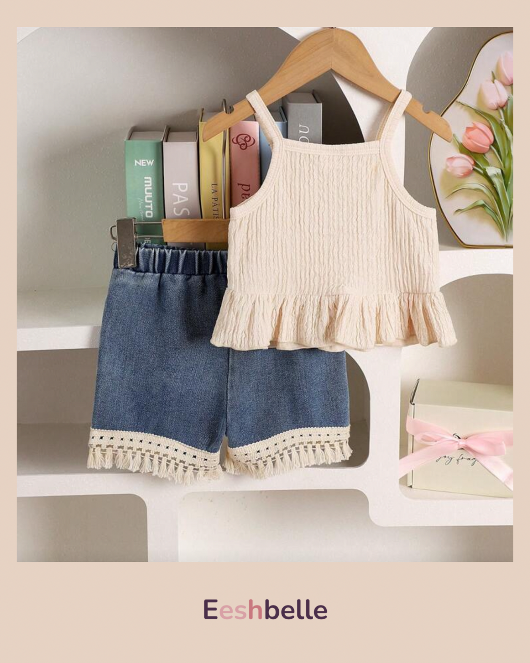 Boho Style Crochet Trim Camisole And Tassel Hem Denim Shorts Set