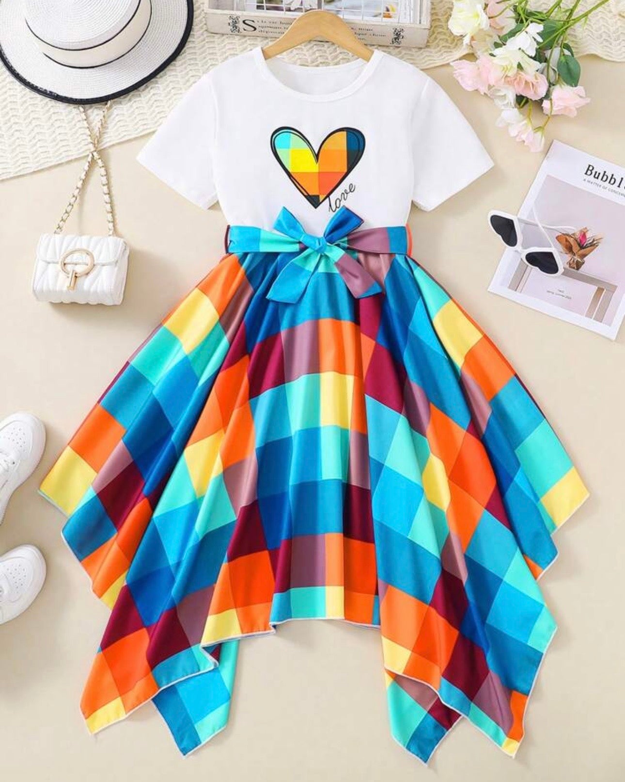 Tween Girl Heart Printed Patchwork Plaid Hem Dress