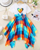 Tween Girl Heart Printed Patchwork Plaid Hem Dress