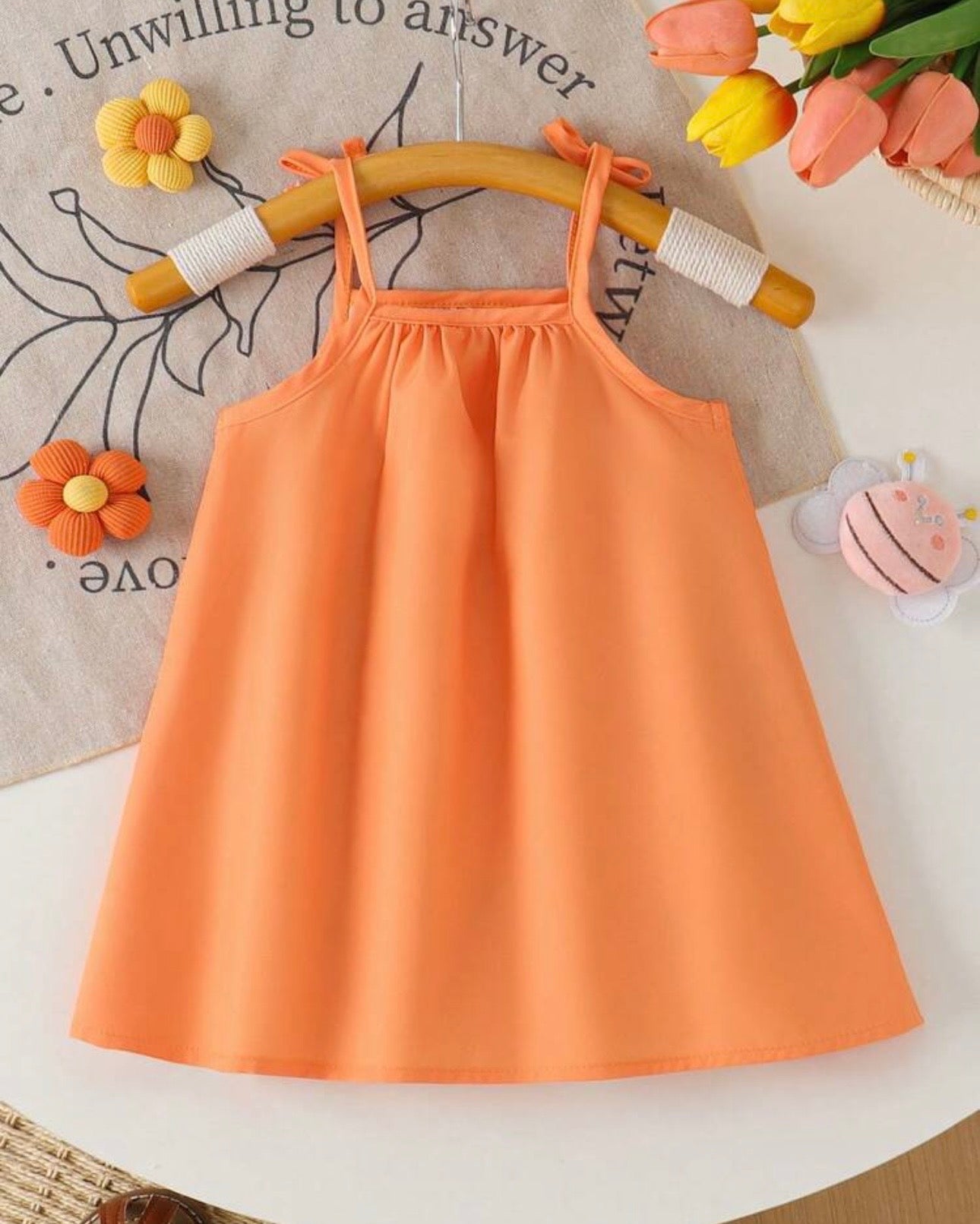 Baby Girl Orange Floral & Honey Bee Print Suspender Dress with Bow