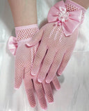 1 Pair Children's Pink Lace Hollow Bow Princess Gloves