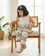 Baby Girls Sleeveless Co-Ord Set – Brown Printed Embroidered Hem Top & Wide-Leg Pants