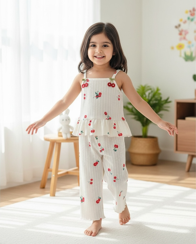 2Pcs Baby Girls Printed Embroidered Cherry Top & Pants Set – Summer Outfit