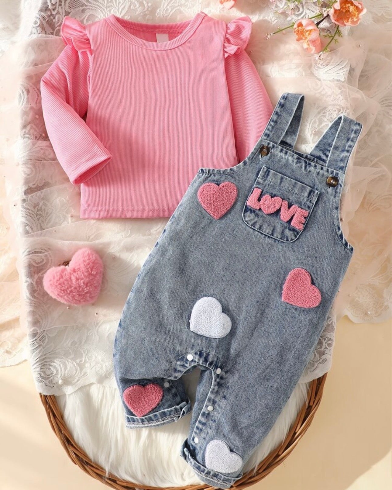2pcs Newborn Baby Girl Sweet Pink Top + Denim Overall Set