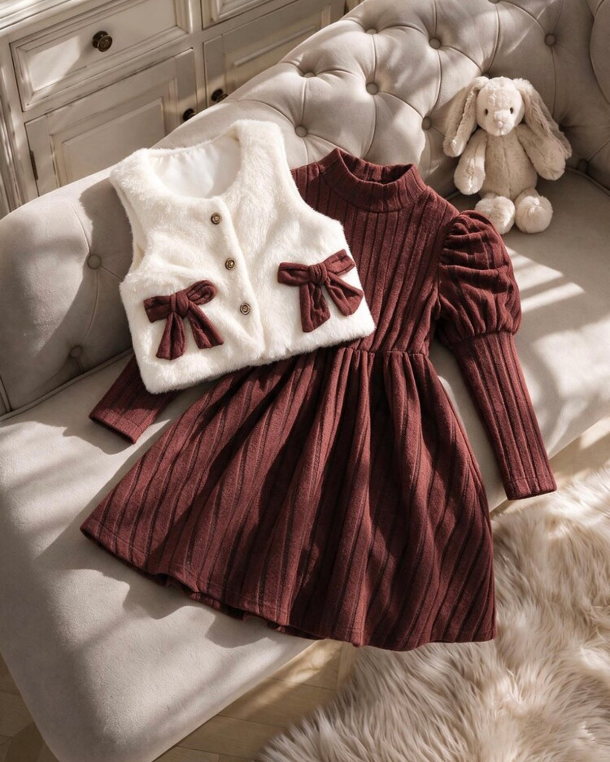 Girls Brown Puff Sleeve Waist Cinch Textured Dress & Fluffy Bow Decor Gilet Set