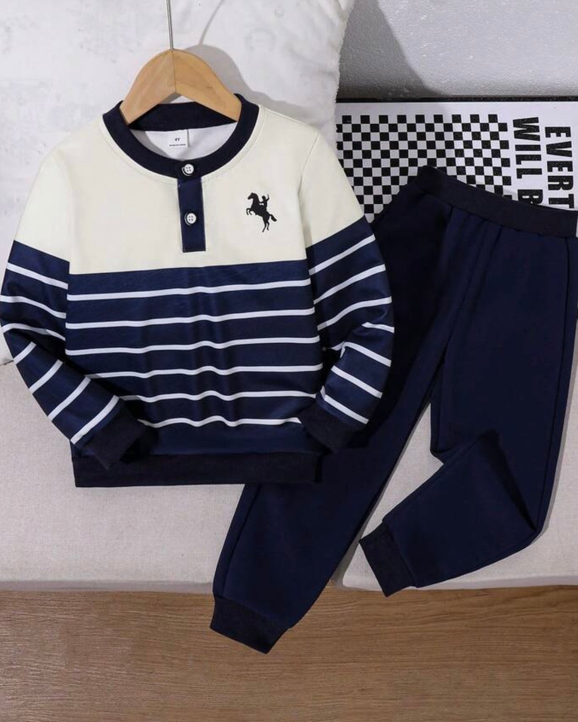 Boys Beige & Blue Striped 2-Piece Sweatshirt & Pants Set