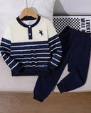 Boys Beige & Blue Striped 2-Piece Sweatshirt & Pants Set