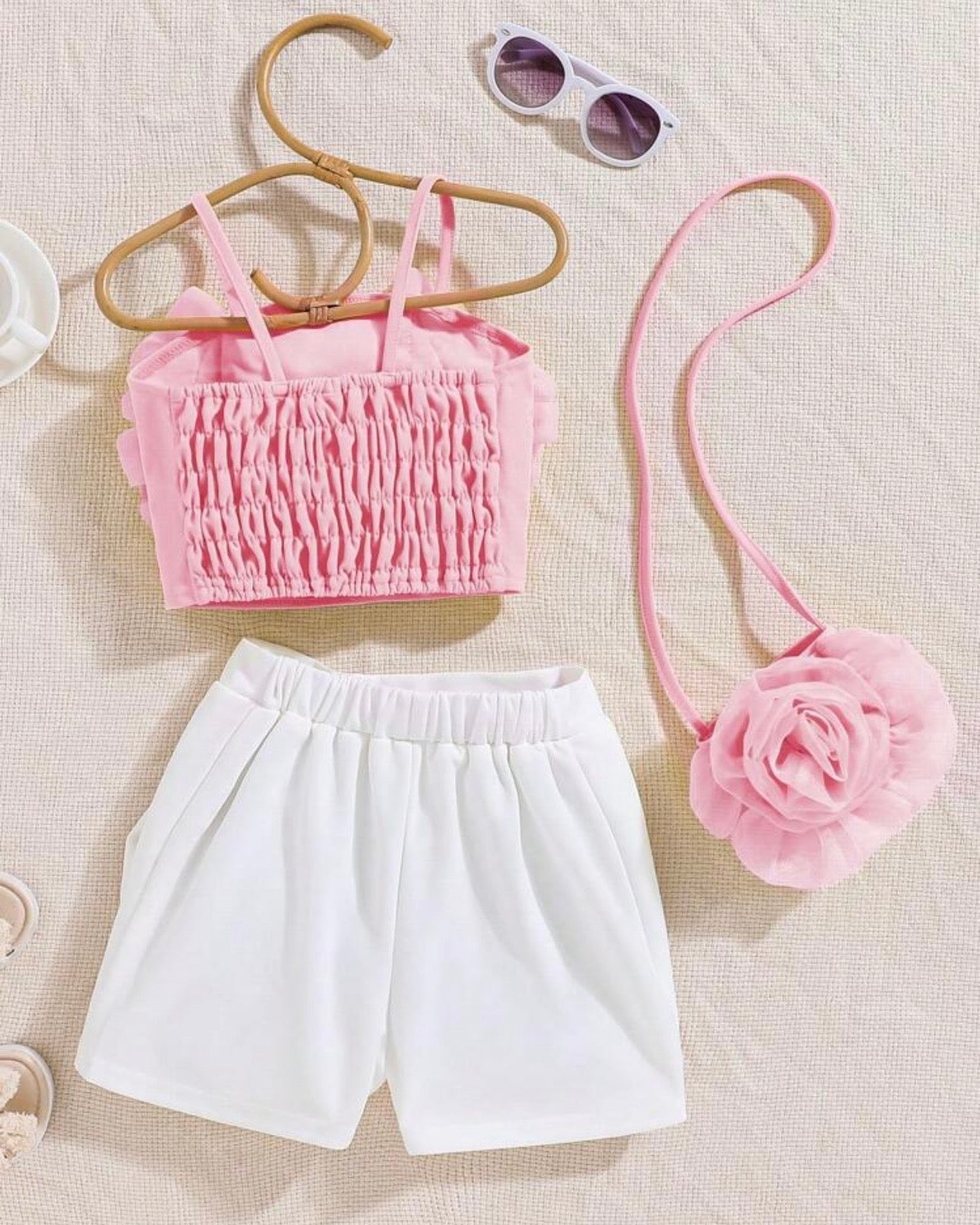 3pc set Baby Pink bow shirt, Shorts and Bag