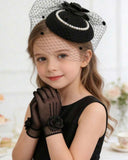 1 Set Black Children's Vintage Headpiece Hat And Mesh Gloves