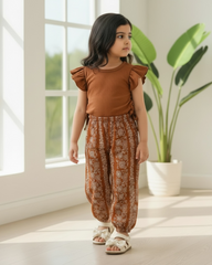 Baby Girls Brown Striped Ruffle Sleeve T-Shirt & Floral Pants Set