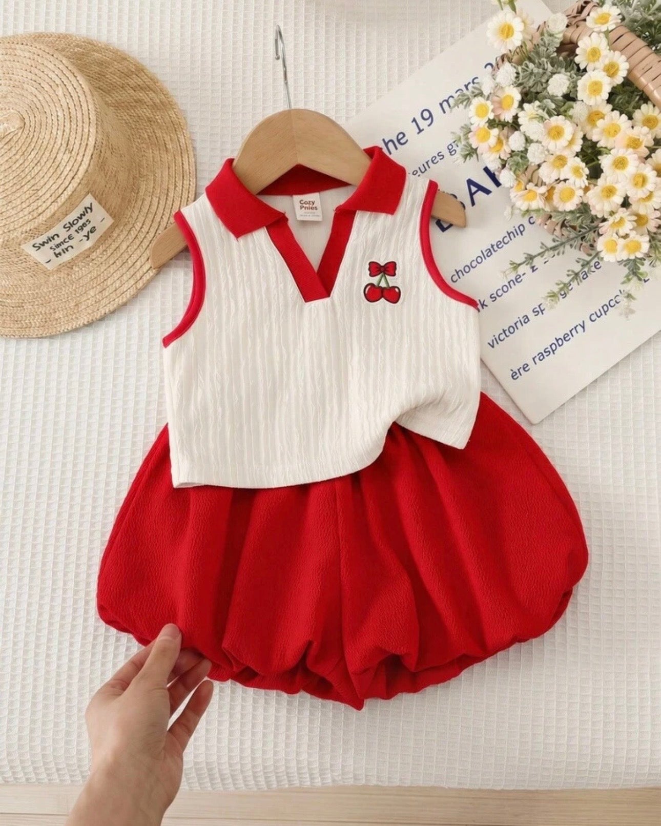 Baby Girls’ Red & White Striped Polo Collar Top with Ruffle Shorts Set
