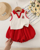 Baby Girls’ Red & White Striped Polo Collar Top with Ruffle Shorts Set