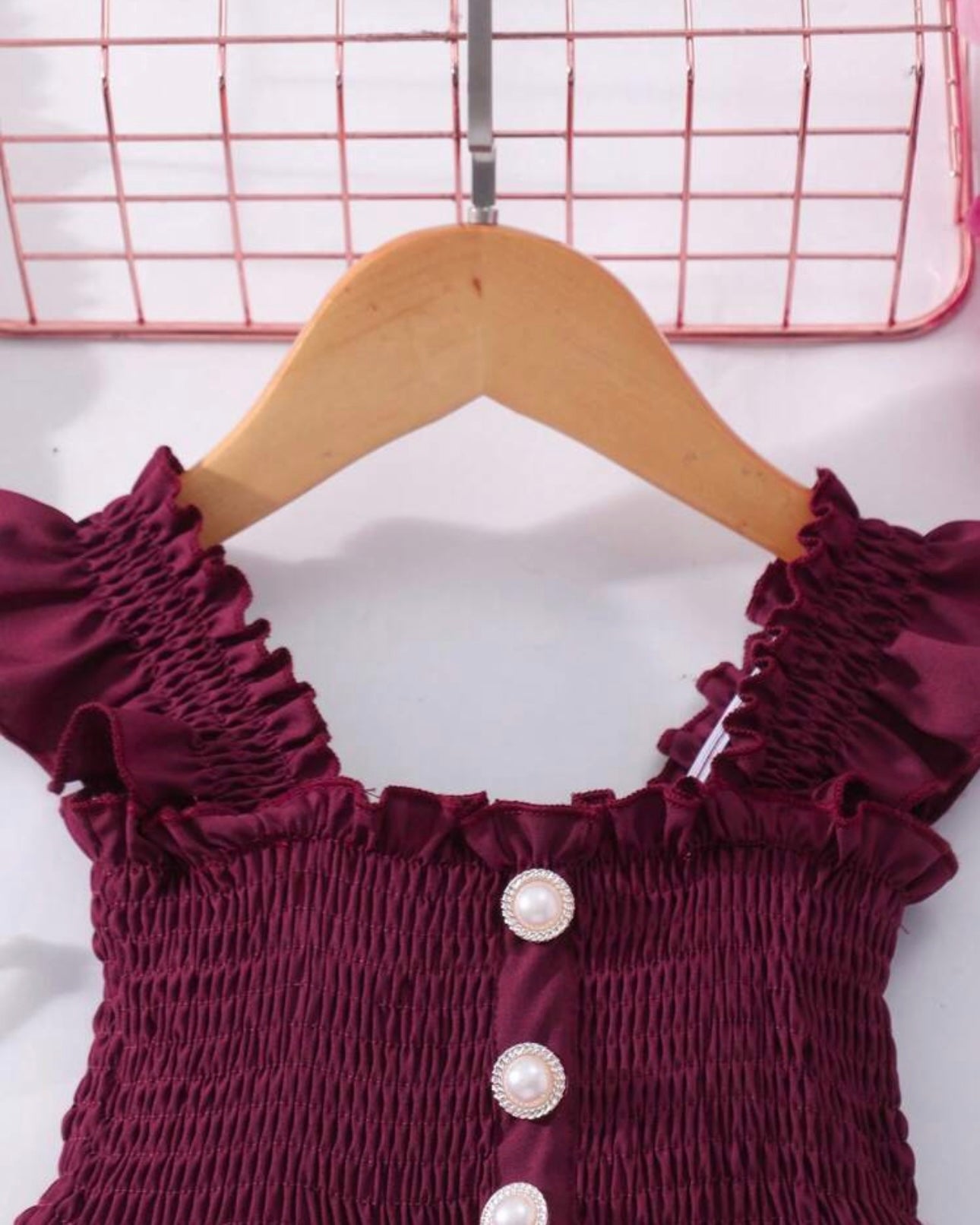 Floral Patchwork Summer Dress – Burgundy Colour Faux Shirred Cap Sleeve Dress
