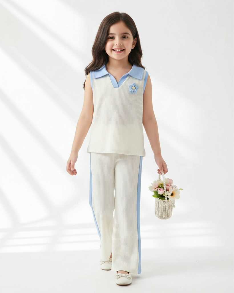 2pcs Girls 3D Floral Knitted White and Blue Polo Vest And Flared Pants