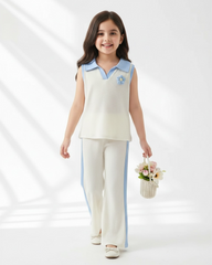 2pcs Girls 3D Floral Knitted White and Blue Polo Vest And Flared Pants