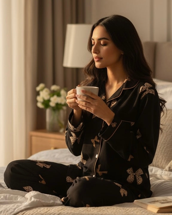 Bow Print Women Long Sleeve Top & Long Pants Satin Pajama Set