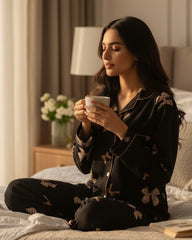 Bow Print Women Long Sleeve Top & Long Pants Satin Pajama Set
