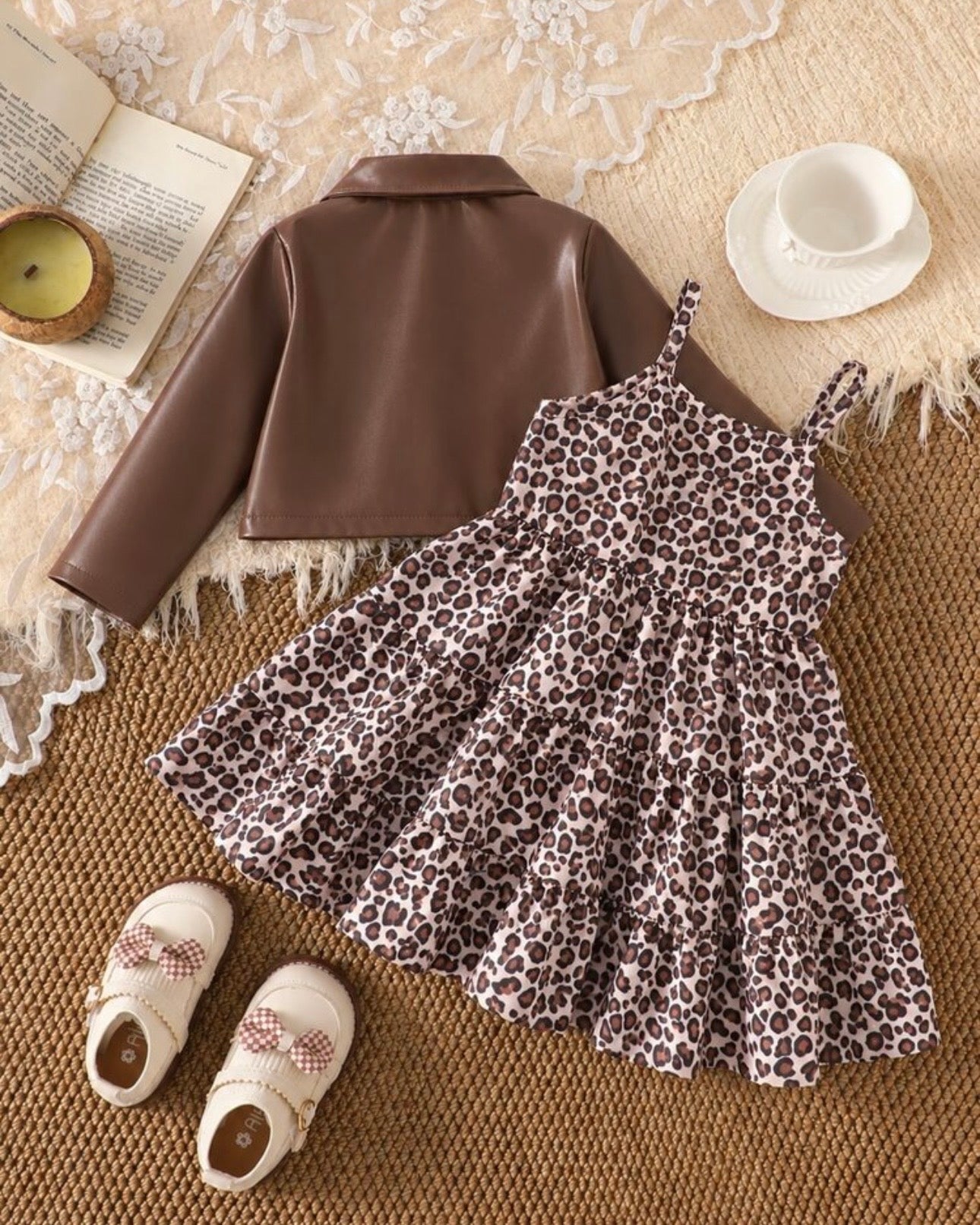 2pcs Set Young Girl Vintage Fall Lapel Short Leather Jacket