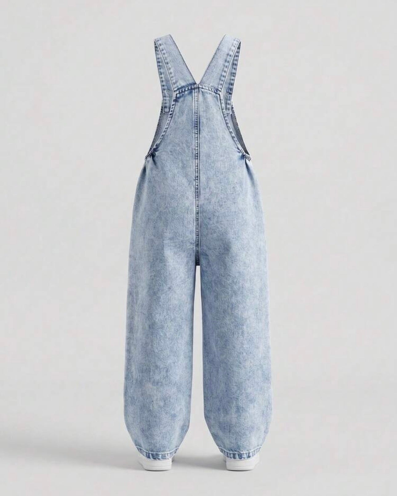 Girls Light Blue Denim Jumpsuit with Pink Heart Embroidery & Bow