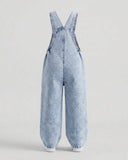 Girls Light Blue Denim Jumpsuit with Pink Heart Embroidery & Bow