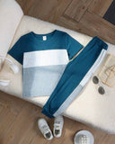 Blue Color-Block Short Sleeve T-Shirt And Pants Suit Summer