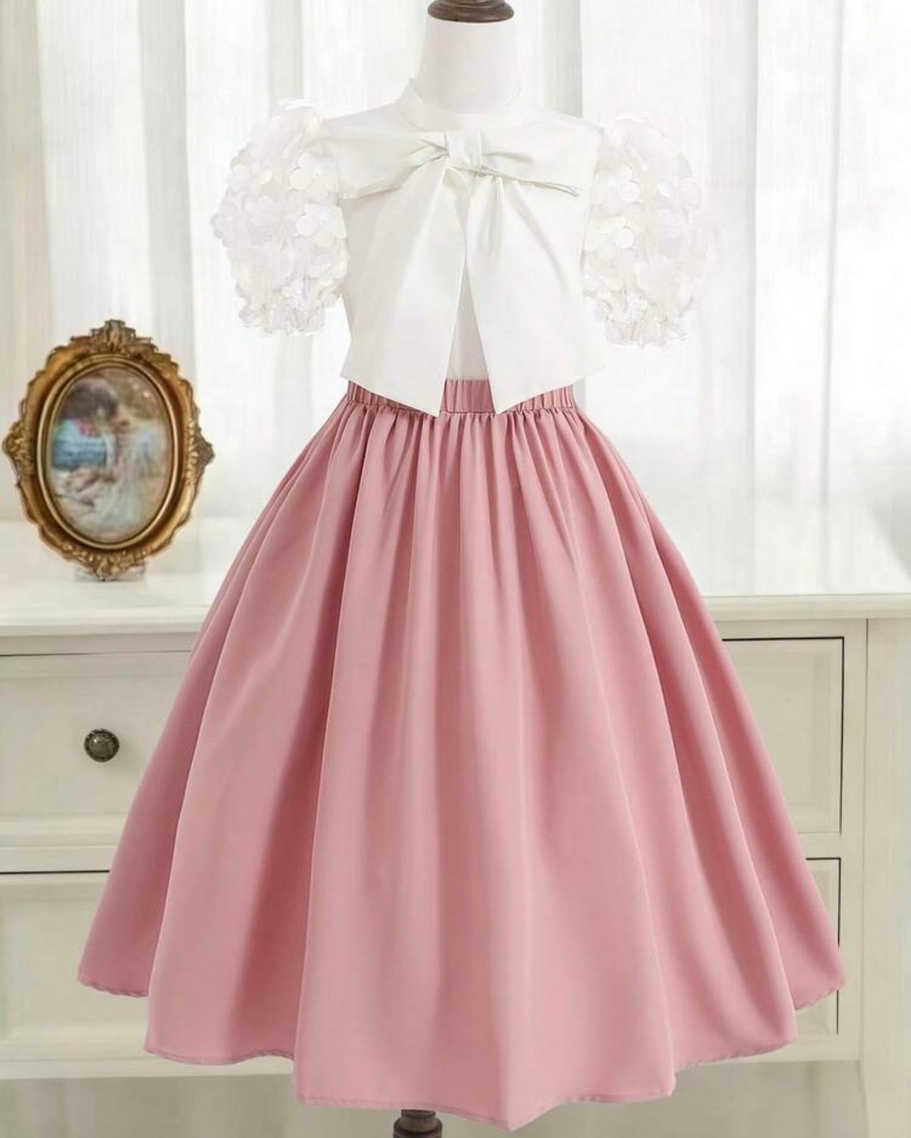 Girls’ 3D Floral Embroidery Bubble Sleeve Shirt & Skirt Set