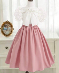 Girls’ 3D Floral Embroidery Bubble Sleeve Shirt & Skirt Set