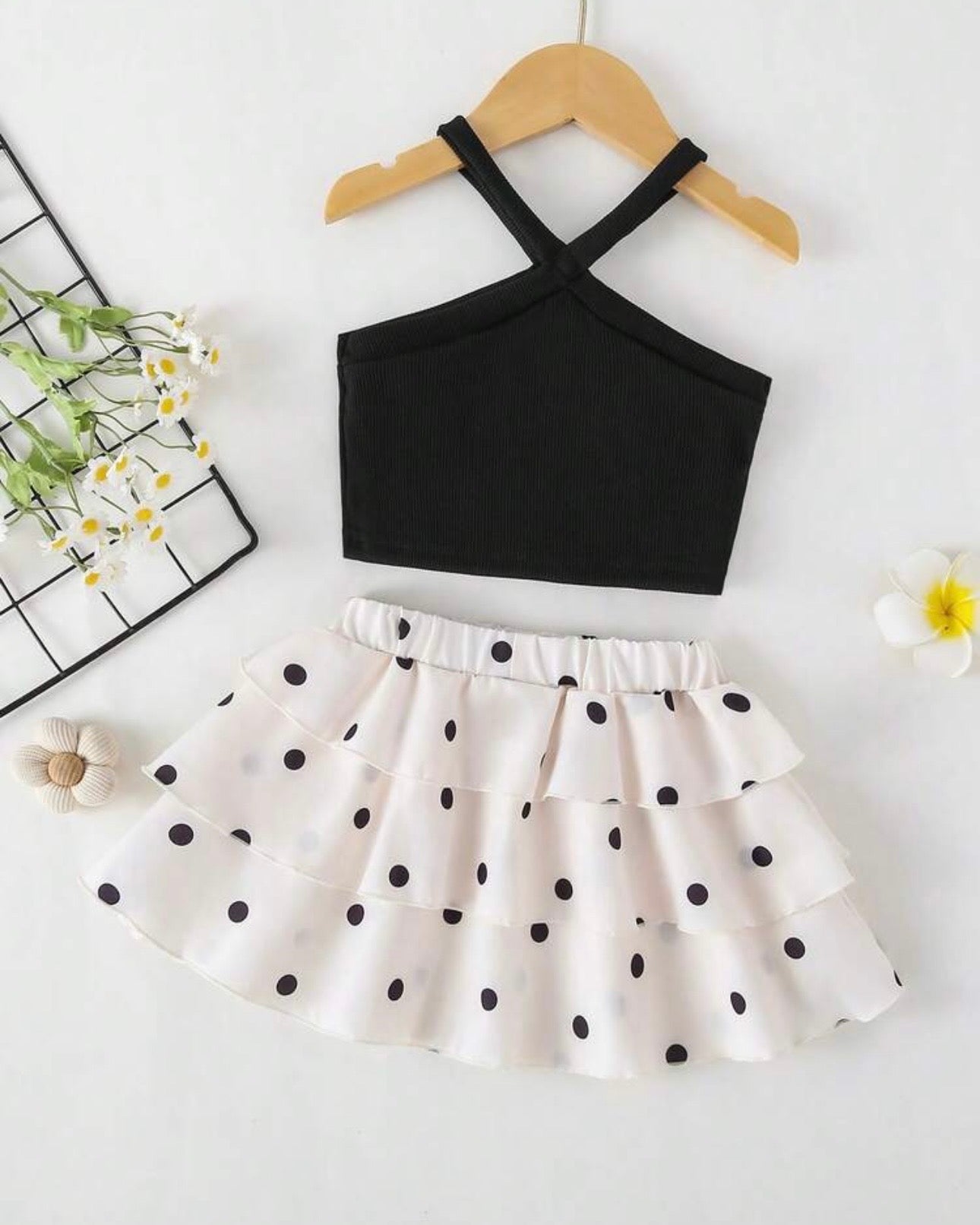 Baby Girl Black & White Polka Dot Dress Set – Korean Style Cross Strap Cake Dress