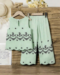 Girls Sleeveless Co-Ord Set – Green Printed Embroidered Hem Top & Wide-Leg Pants
