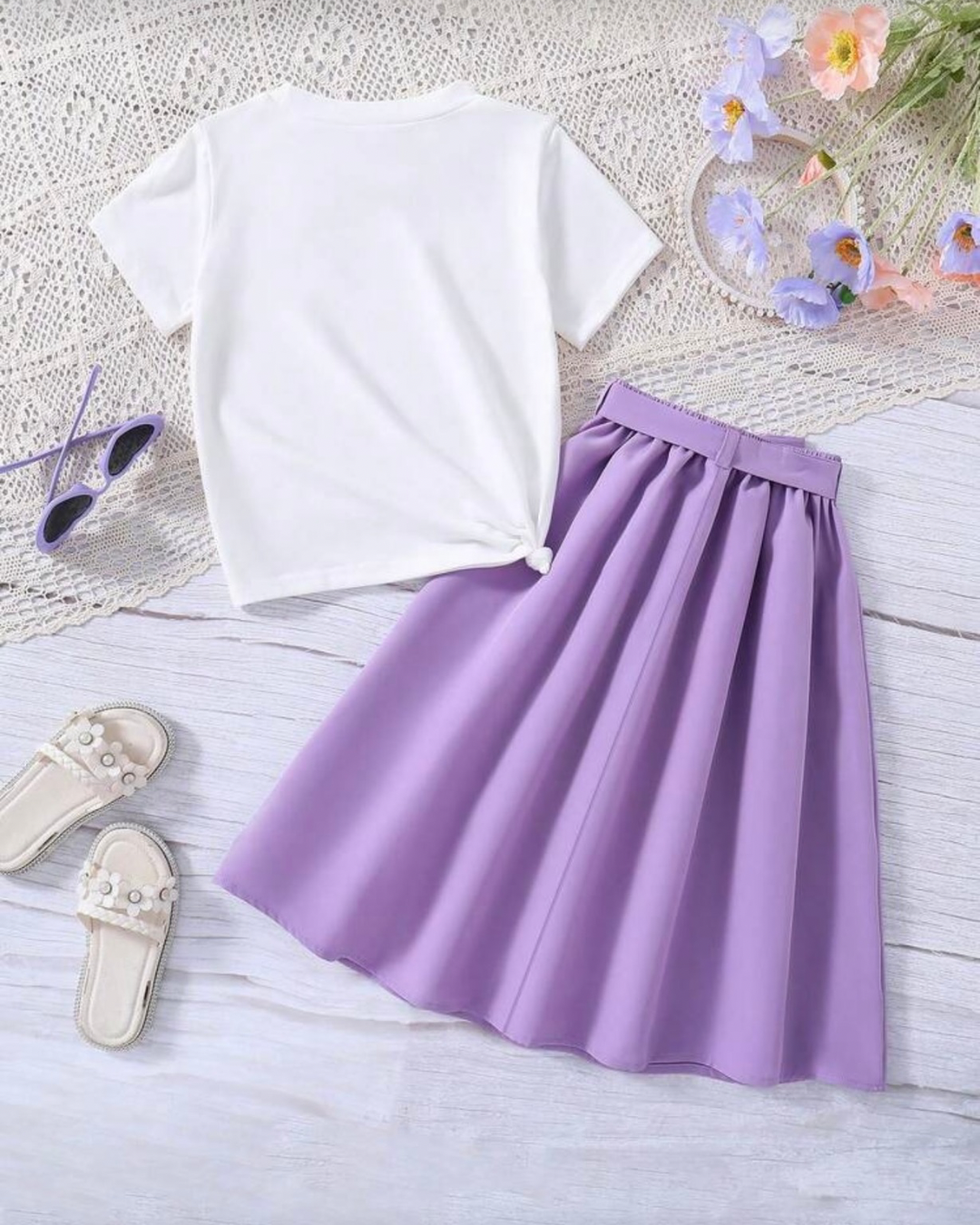 Heart Pattern Printed Short Sleeve T-Shirt And Elastic Waist Skirt