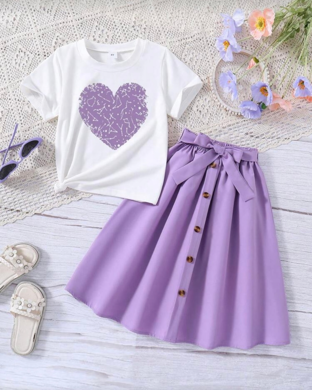 Heart Pattern Printed Short Sleeve T-Shirt And Elastic Waist Skirt