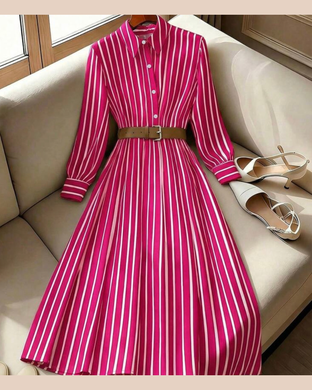 Women's Striped Woven Fabric Long Sleeve Midi Dress Casual Flared Hem Shirt Dress