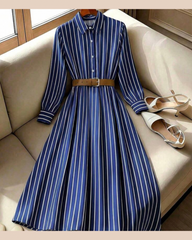 Women's Striped Woven Fabric Long Sleeve Midi Dress Casual Flared Hem Shirt Dress
