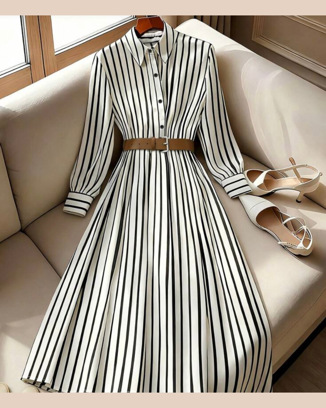 Women's Striped Woven Fabric Long Sleeve Midi Dress Casual Flared Hem Shirt Dress