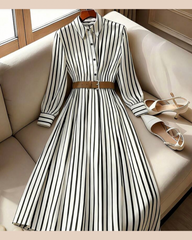 Women's Striped Woven Fabric Long Sleeve Midi Dress Casual Flared Hem Shirt Dress
