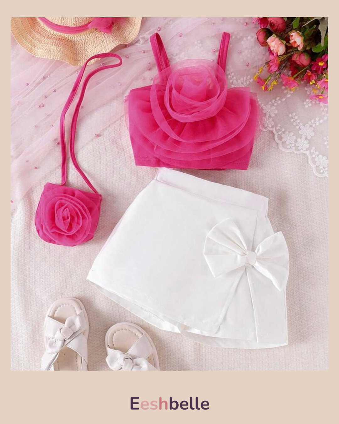 Pink Flower Top & White Bow Skirt