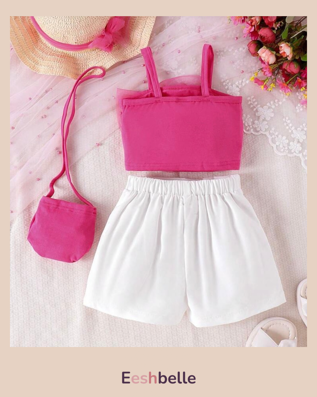 Pink Flower Top & White Bow Skirt