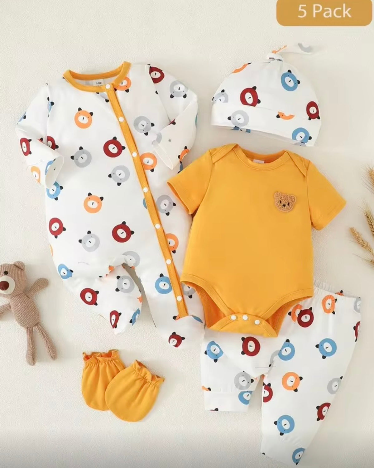 Newborn Baby Boy Bear Print Starter Set – 5 Pieces