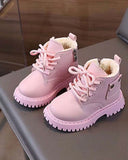 Girls’ Winter Lace-Up Boots – PU Leather with Side Zipper