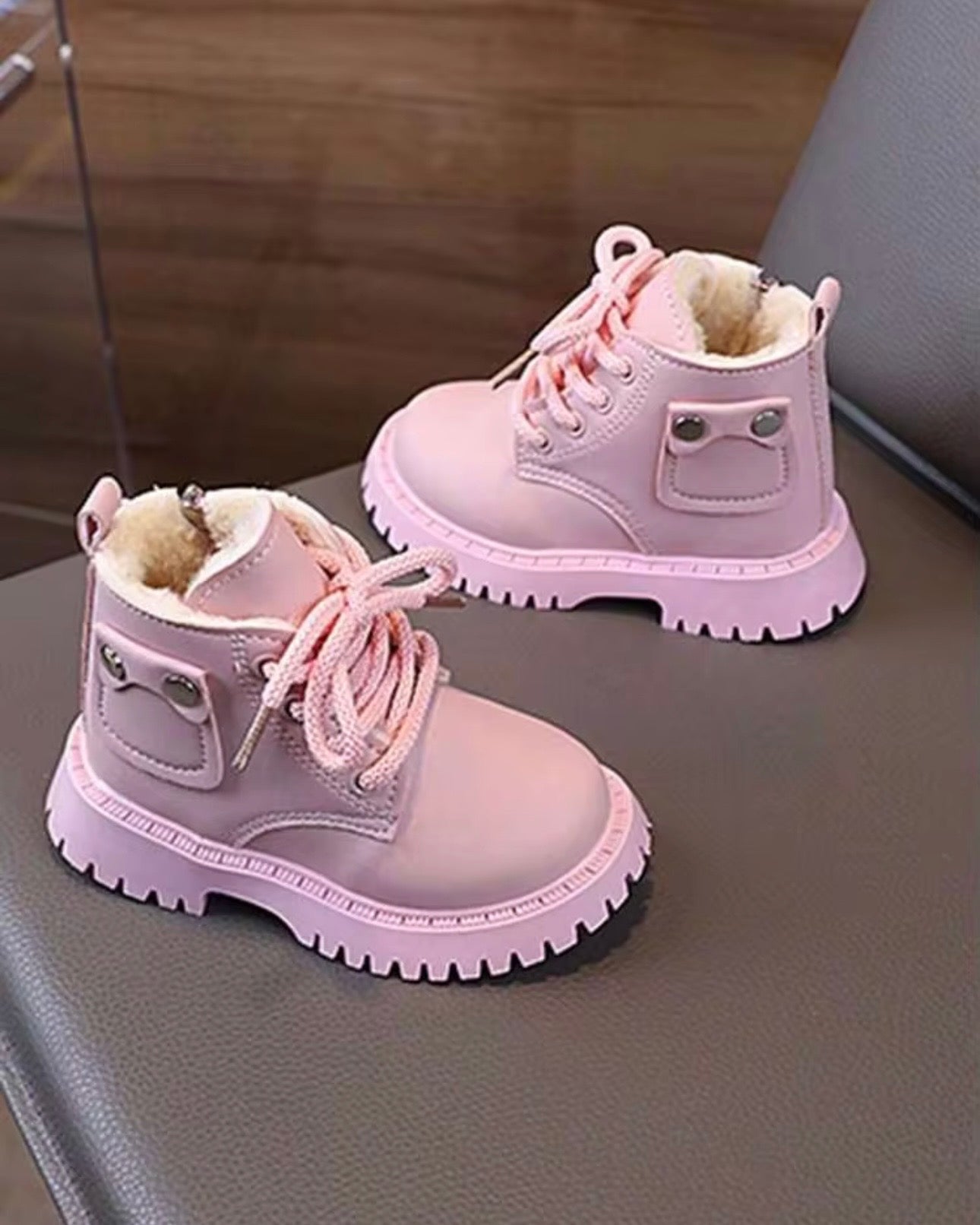 Girls’ Winter Lace-Up Boots – PU Leather with Side Zipper