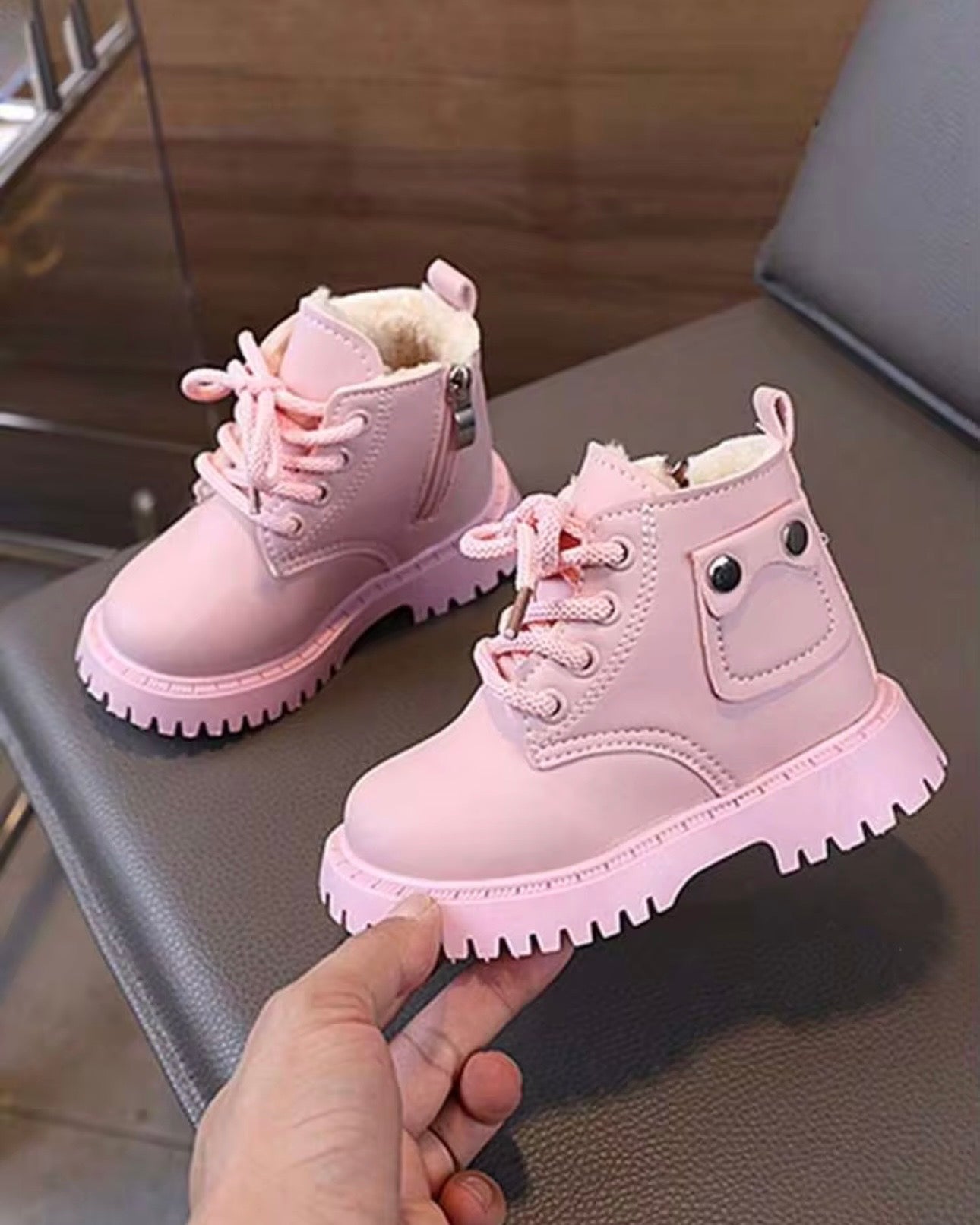 Girls’ Winter Lace-Up Boots – PU Leather with Side Zipper