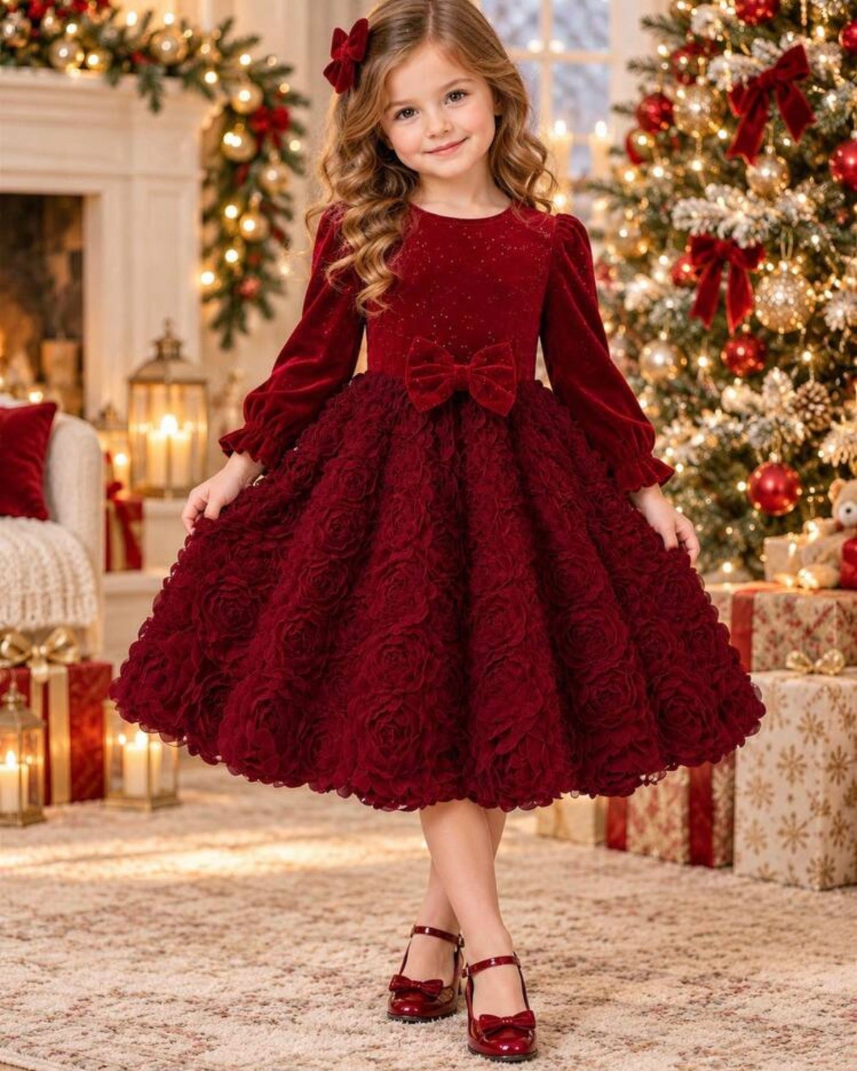 Girls’ Red Elegant Sequin Velvet Princess Dress