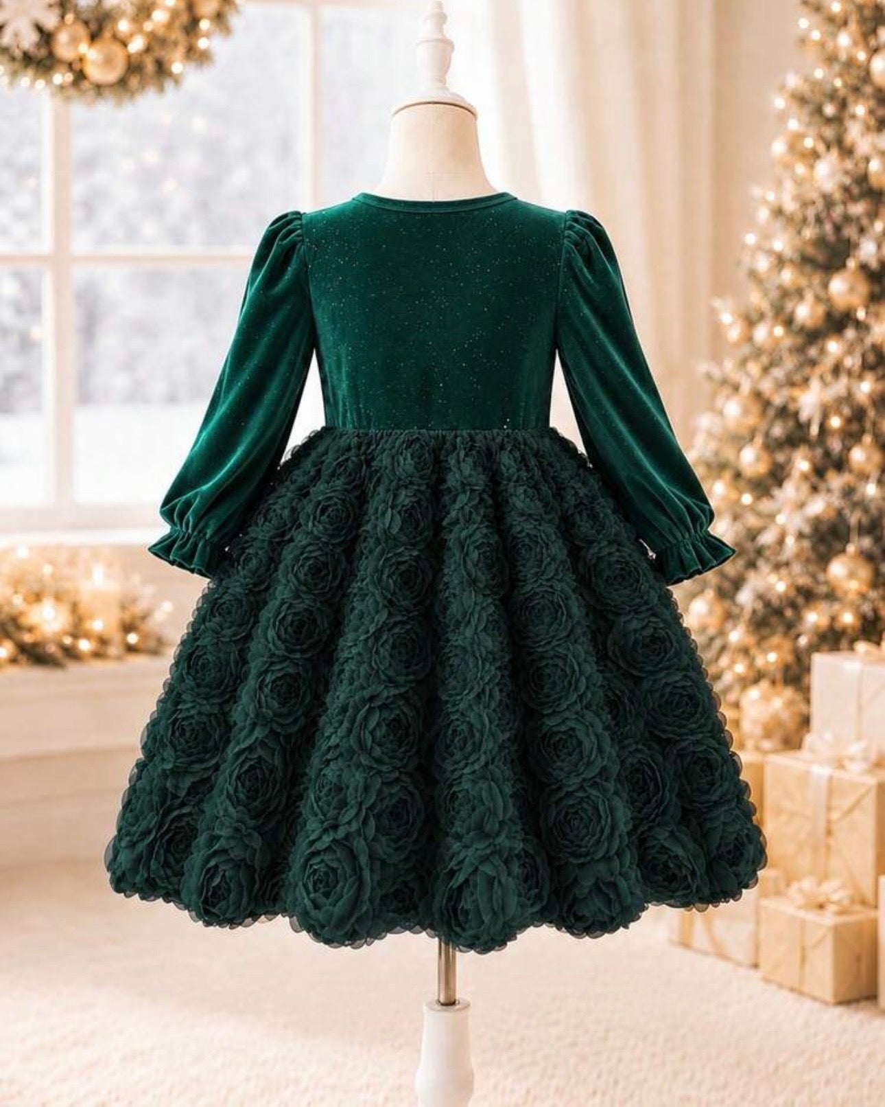 Girls’ Emerald Green Elegant Sequin Velvet Princess Dress