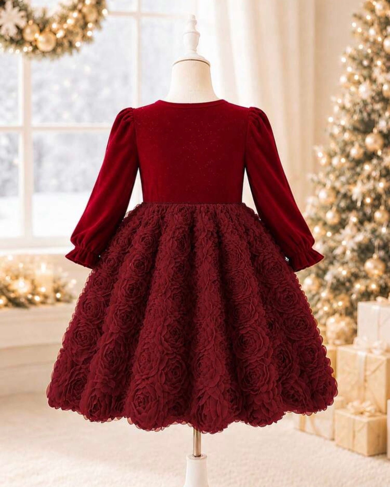 Girls’ Red Elegant Sequin Velvet Princess Dress