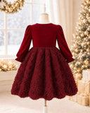 Girls’ Red Elegant Sequin Velvet Princess Dress